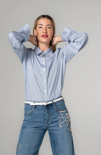 Adjustable Sleeve Button Front Woven Top
