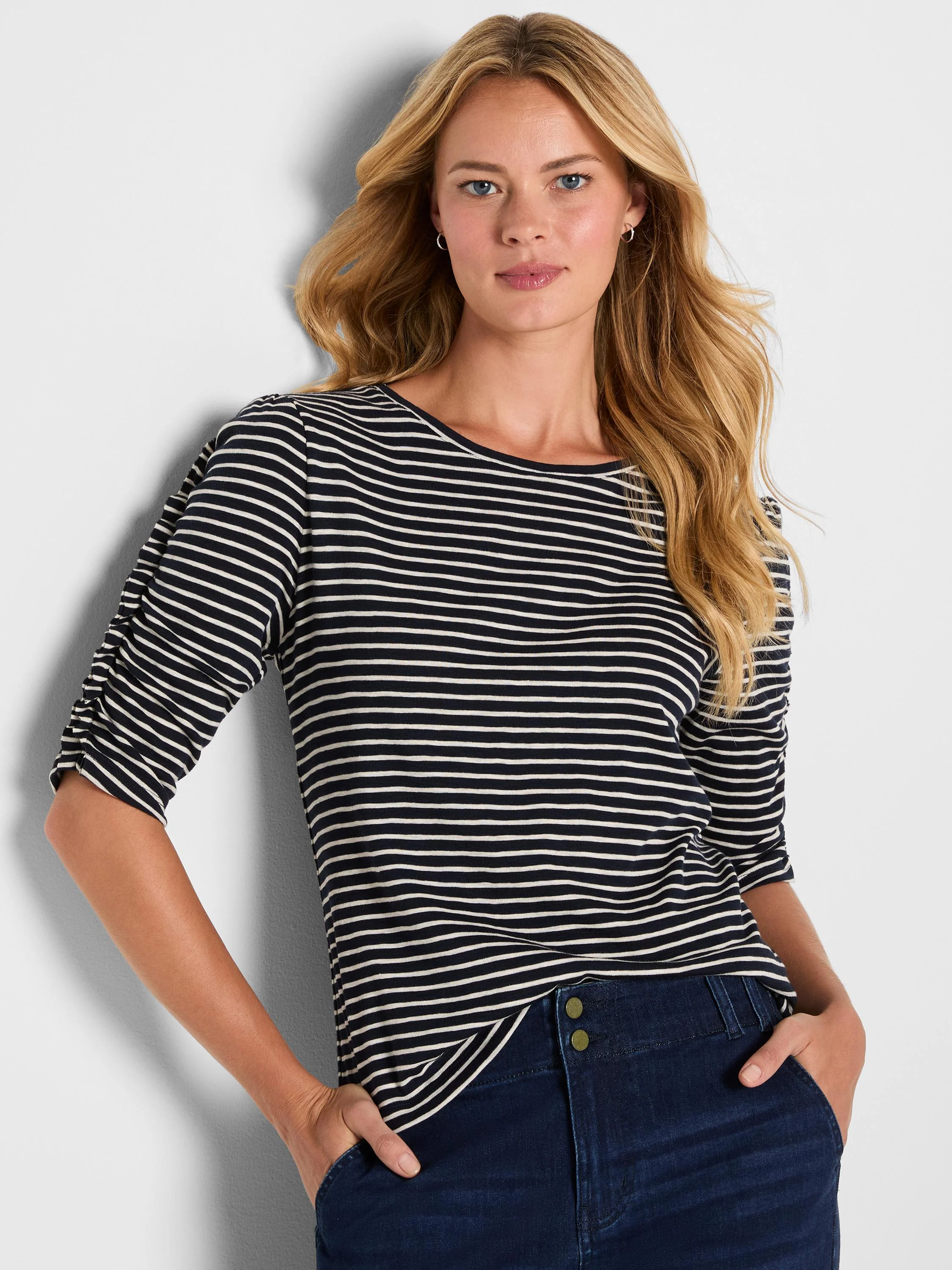 Striped Ruched Elbow Tee