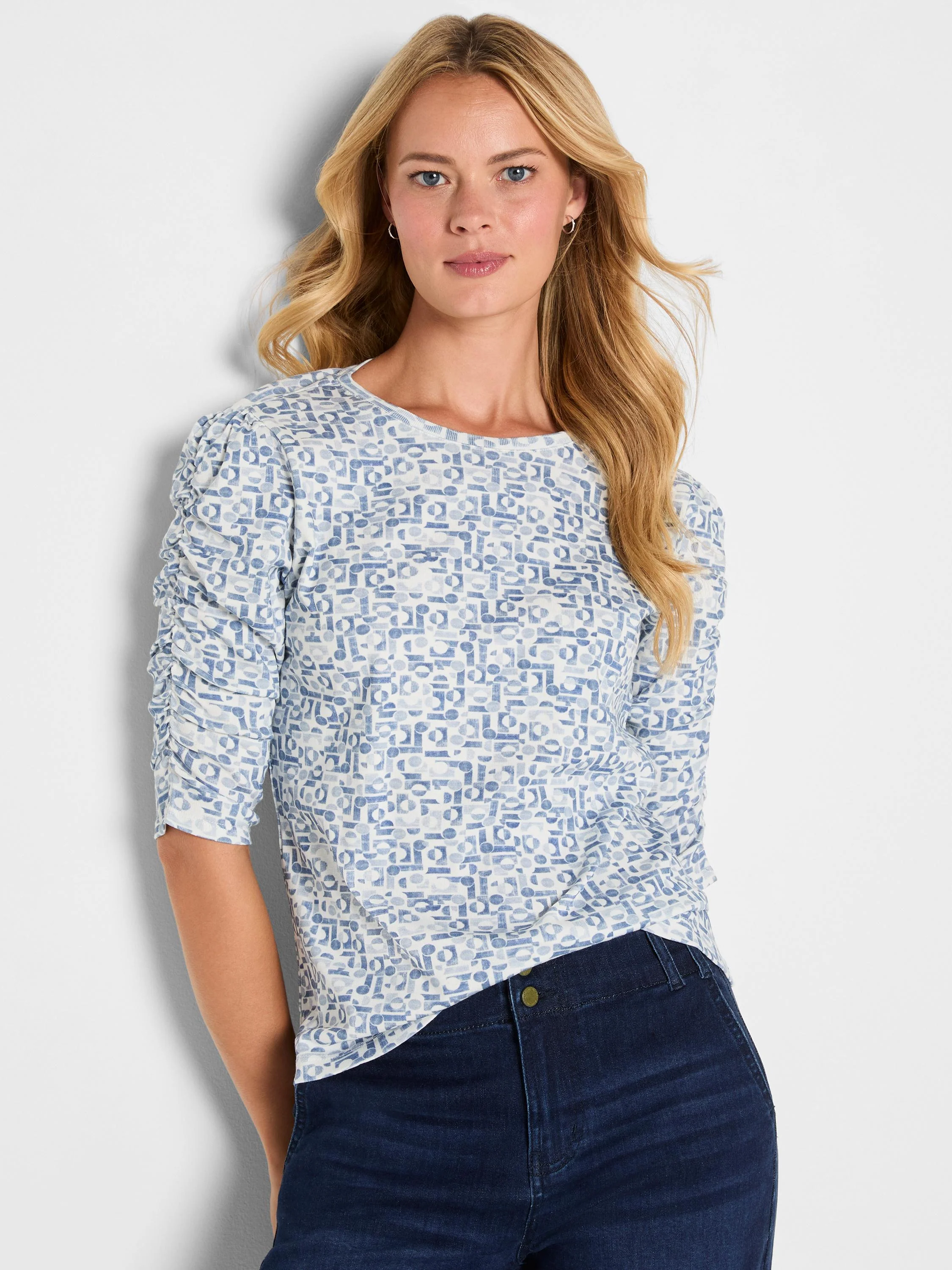 Geometric Print Ruched Elbow Tee