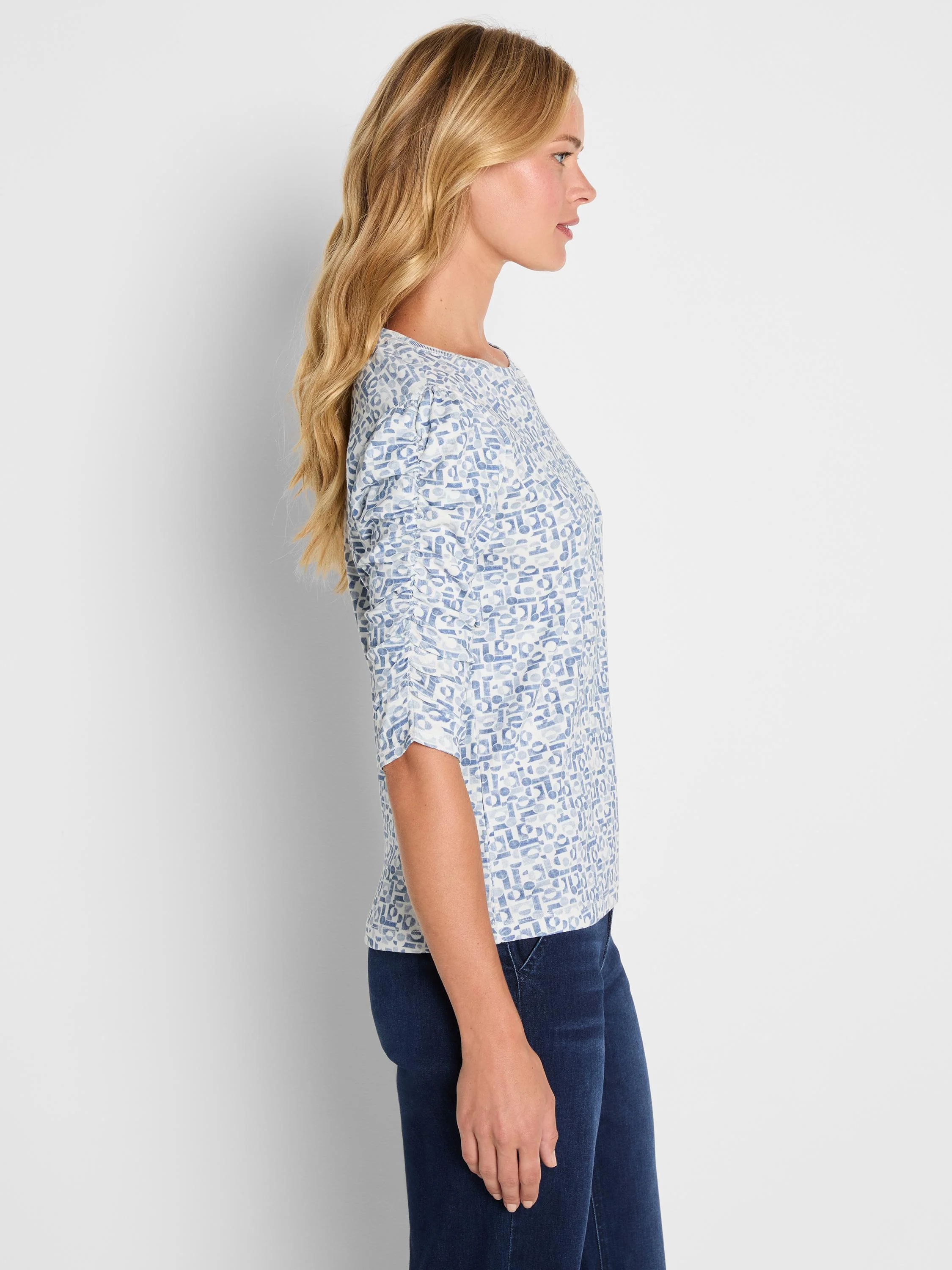Geometric Print Ruched Elbow Tee