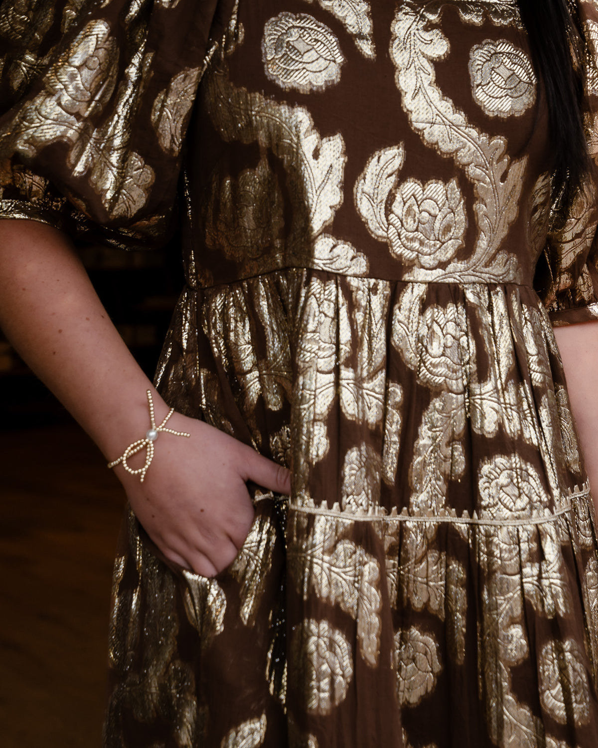 Metallic Roses Midi Dress