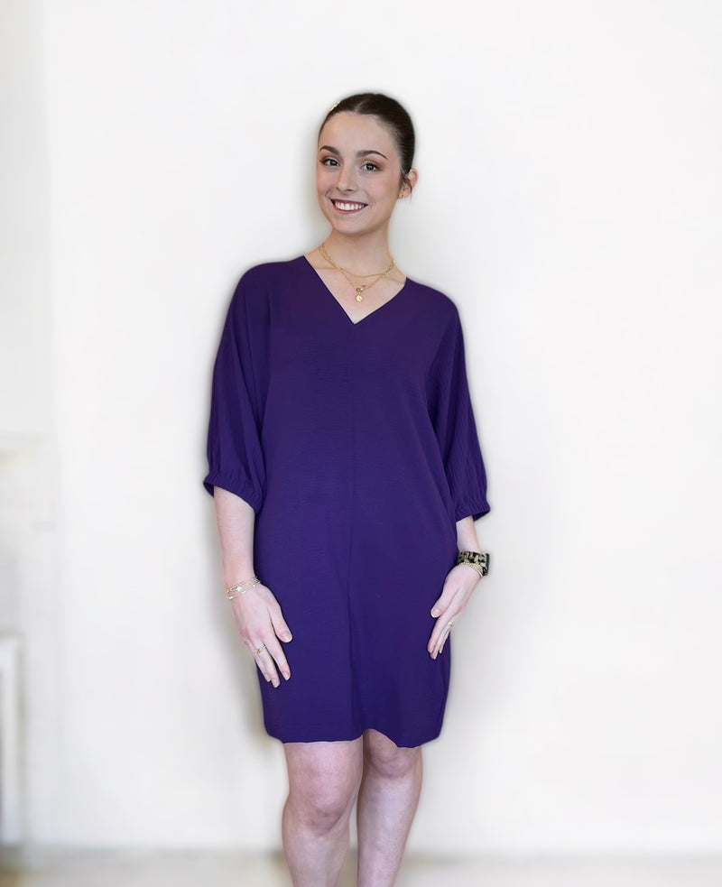 Dolman Elastic Sleeve V-Neck Dress
