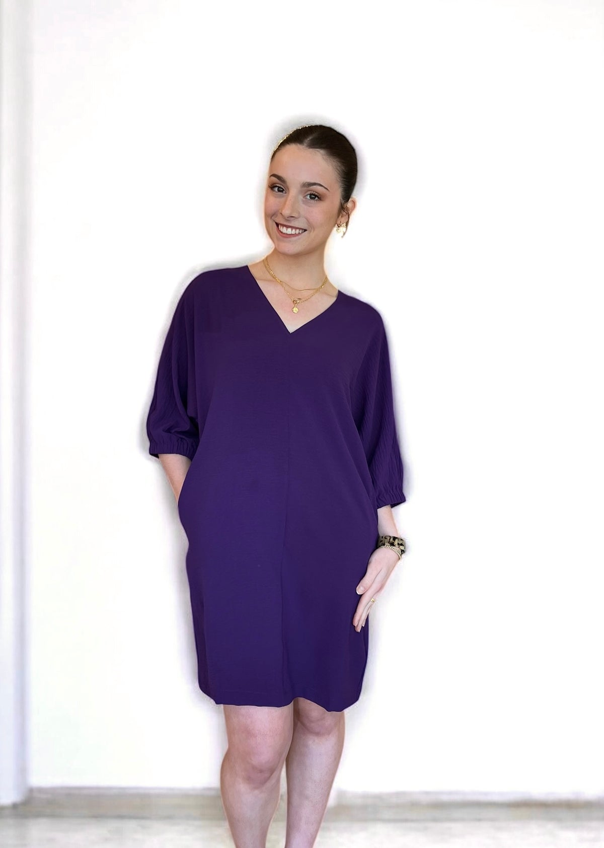 Dolman Elastic Sleeve V-Neck Dress