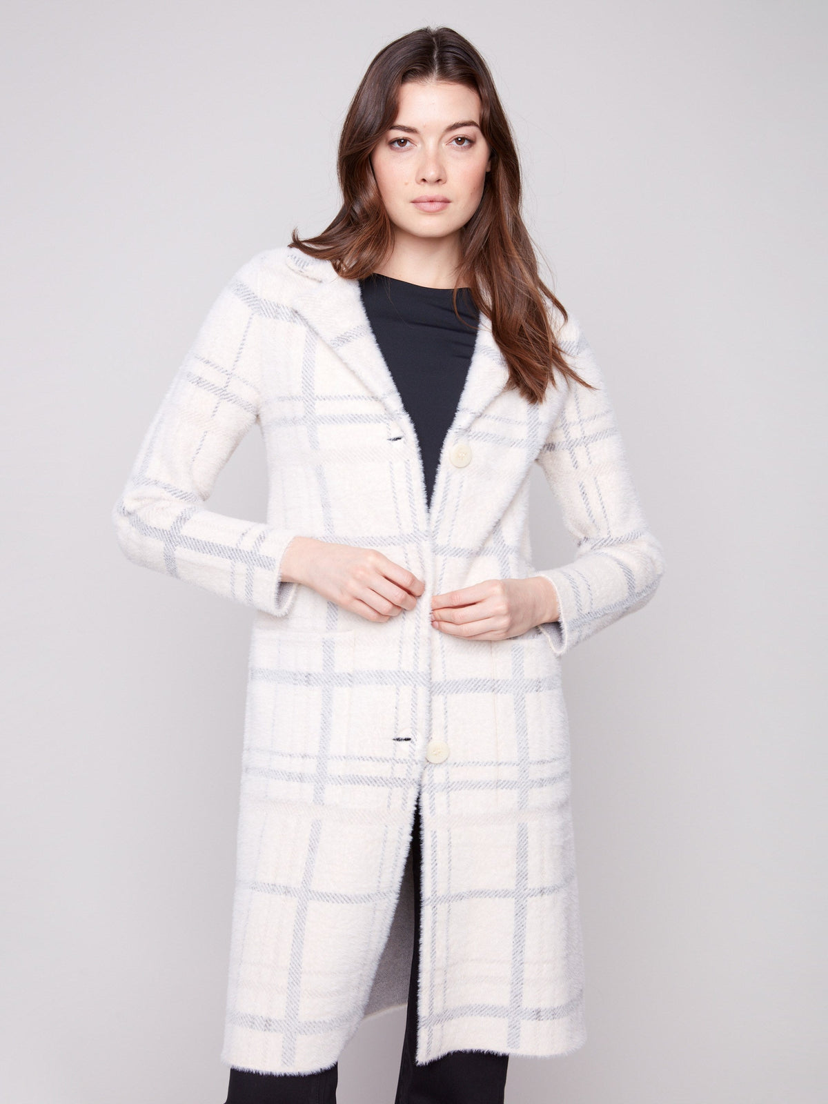 Long Plaid Knit Coatigan