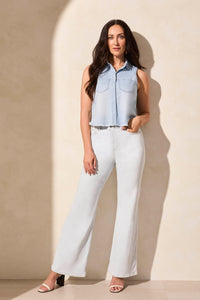 Cropped Sleeveless Denim Shirt with Frayed Hem