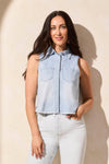 Cropped Sleeveless Denim Shirt with Frayed Hem