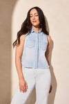 Cropped Sleeveless Denim Shirt with Frayed Hem