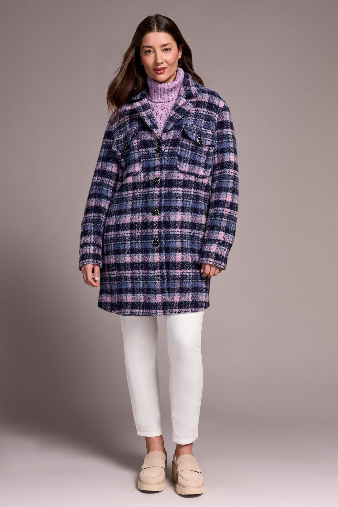 Knit Plaid Notch Collar Shacket