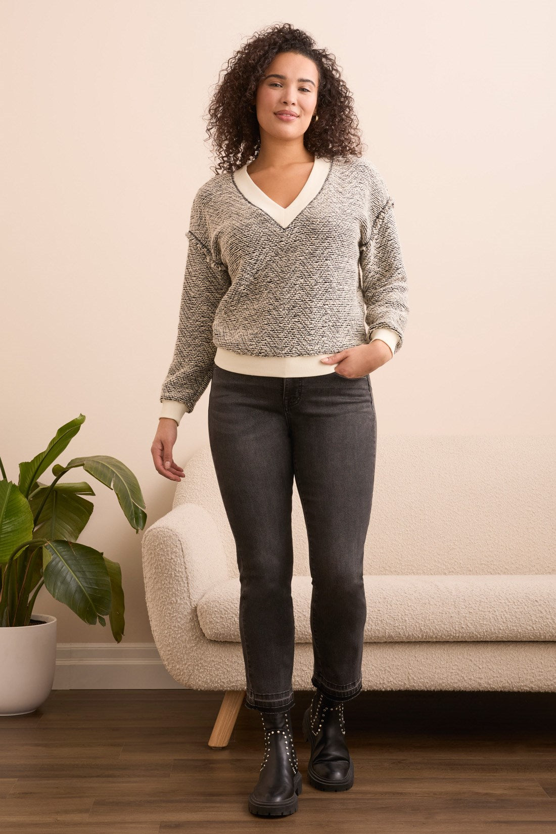 Lightweight Textured Knit V-Neck Sweater