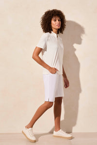 Pointelle Knit Zip-Front Mock Neck