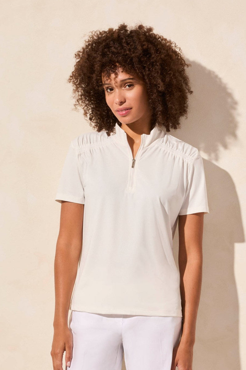 Pointelle Knit Zip-Front Mock Neck