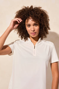 Pointelle Knit Zip-Front Mock Neck