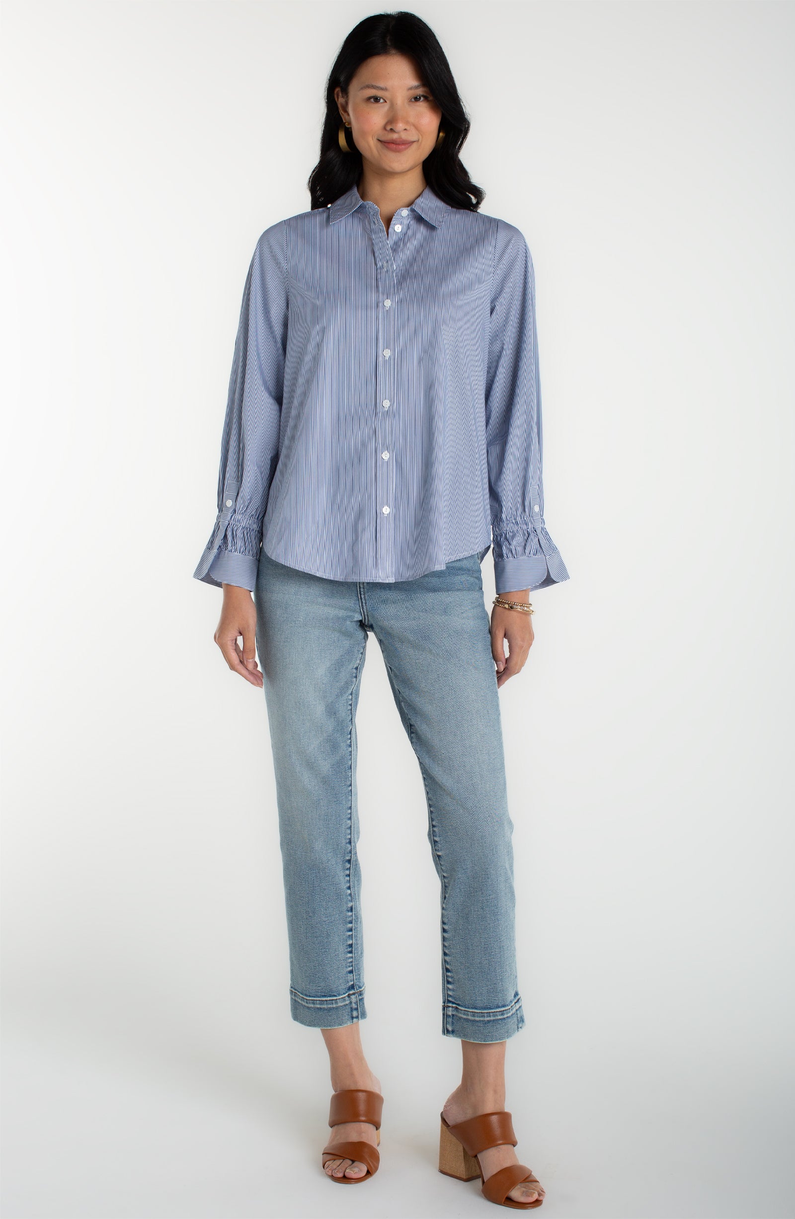 Adjustable Sleeve Button Front Woven Top