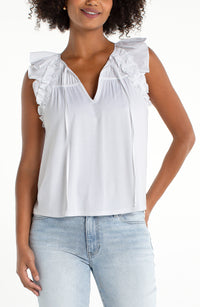 Flutter Sleeve Knit-to-Woven Top w/ Ties