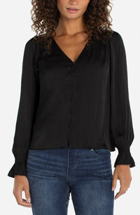 Long Sleeve Button Front Top w. Smocking