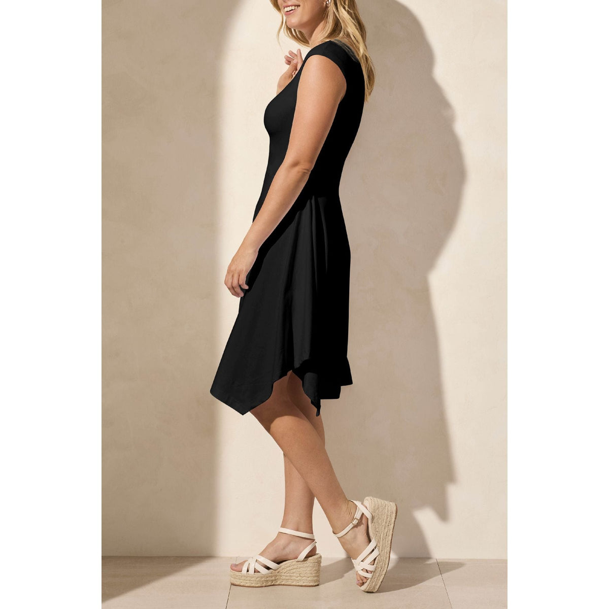 Asymmetrical Cap-Sleeve Crew Neck Dress