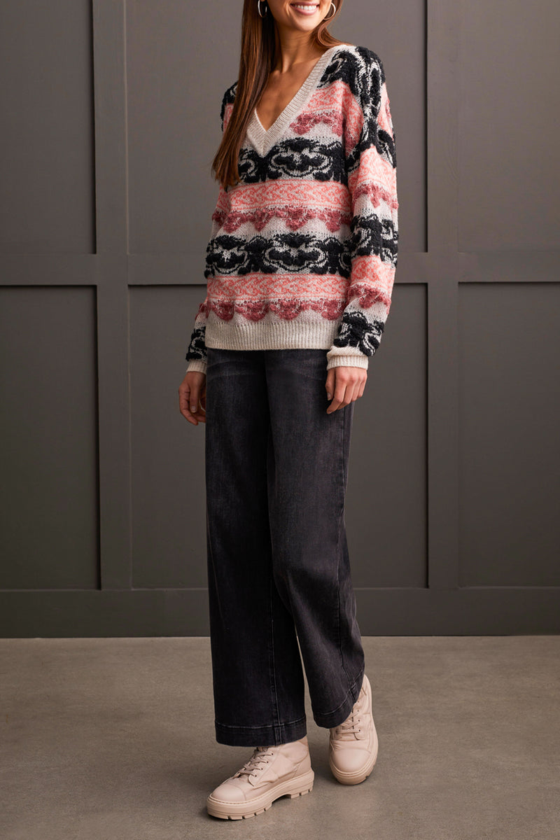 V-Neck Drop Shoulder Jacquard Sweater